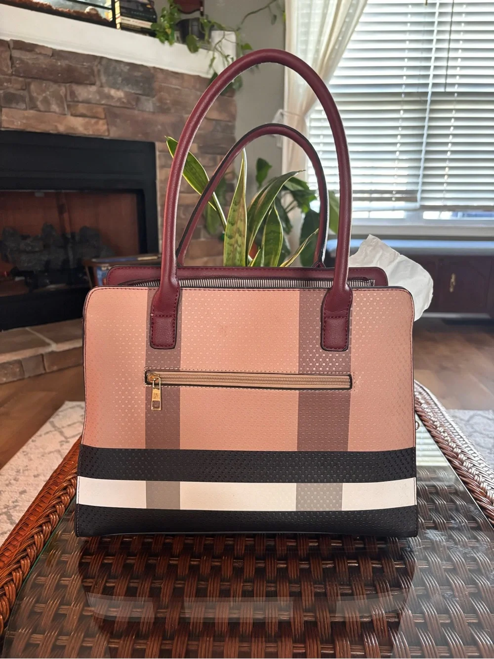 Burgundy Bow-Accent Colorblock Satchel